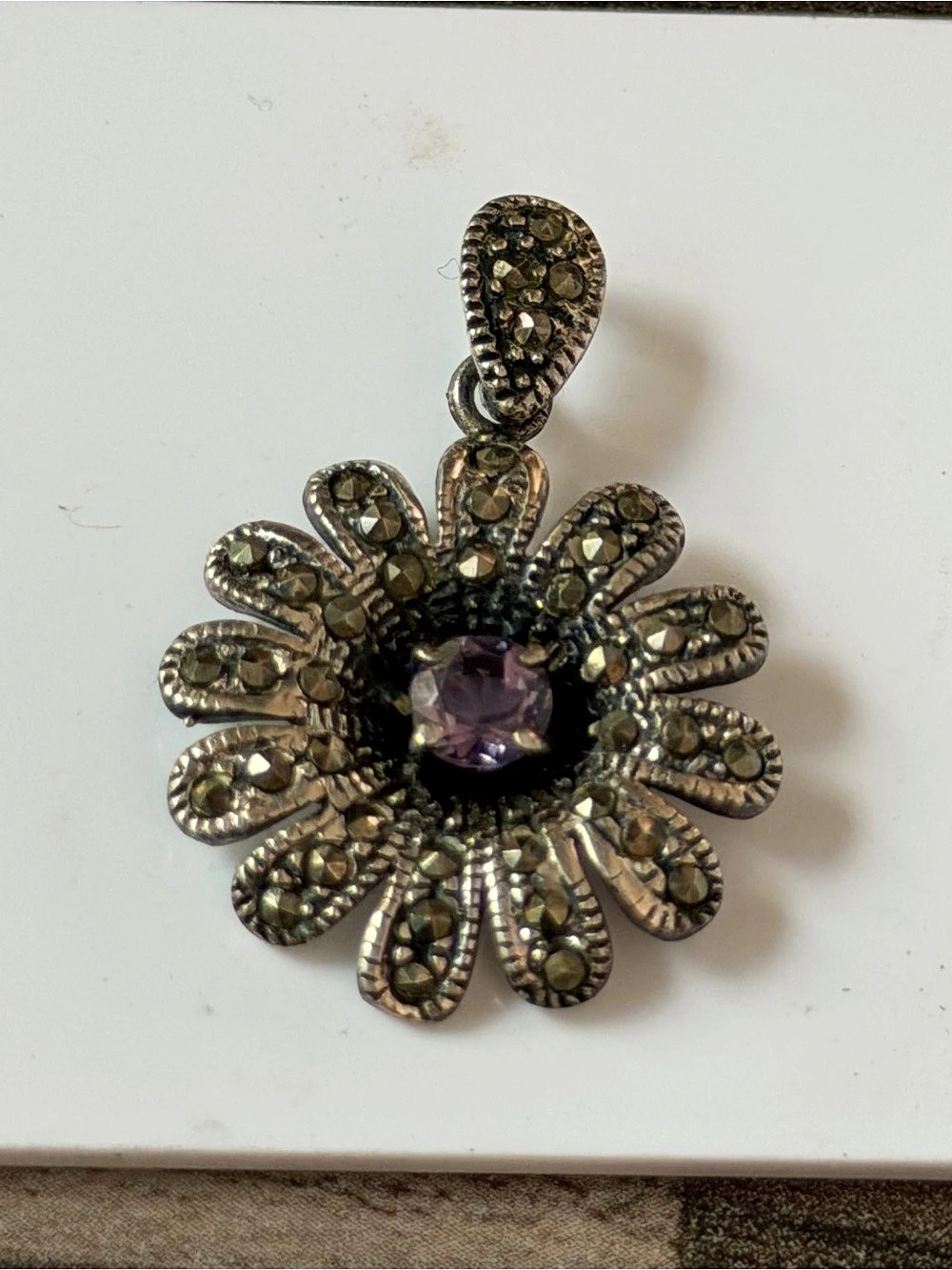 Vintage Sterling Silver Marcasite Amethyst Flower Pendant 925 #587